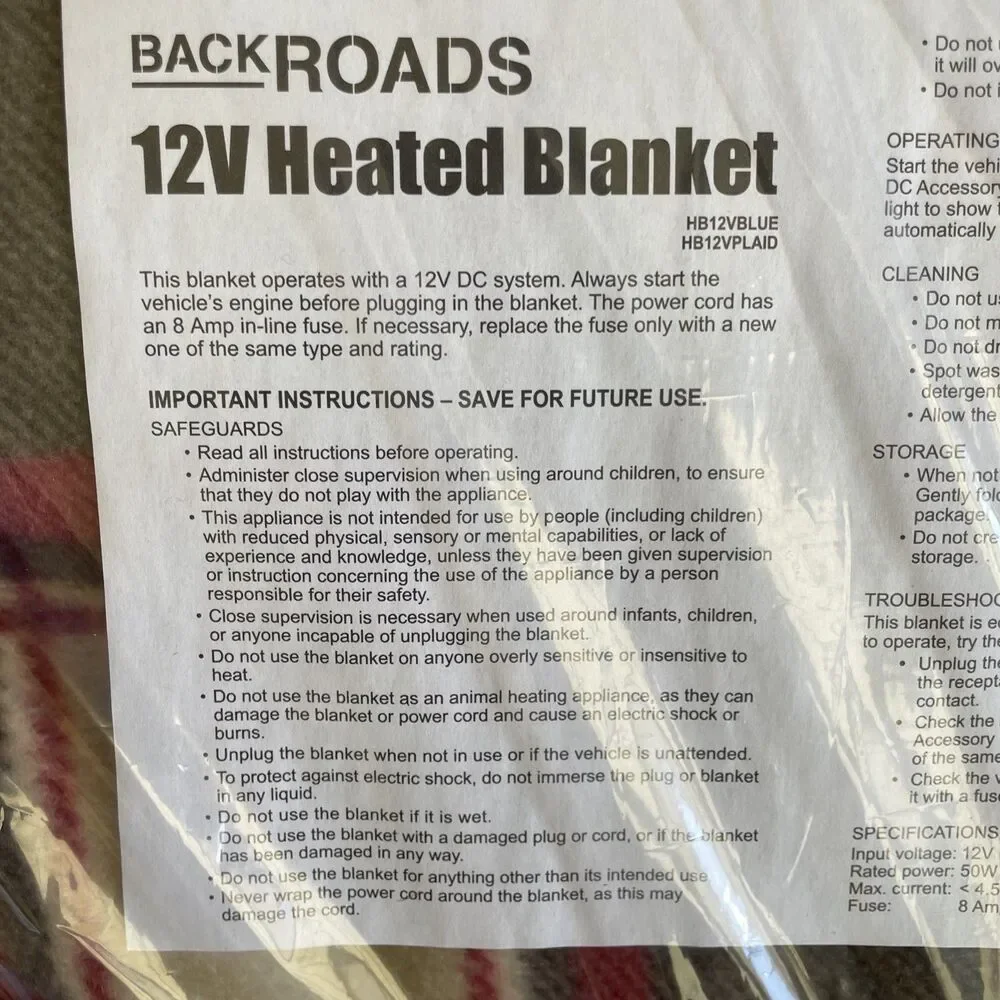 BackRoads 12V Heated Blanket Red Plaid Great For Traveling In Car, Truck, RV NIB